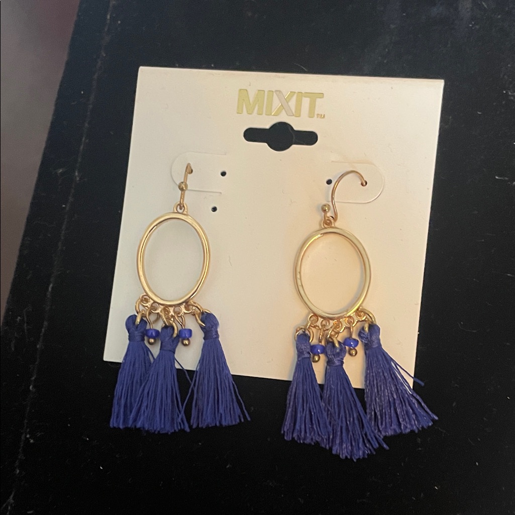 Mixit Gold Oval Earrings With Blue Tassels 7$